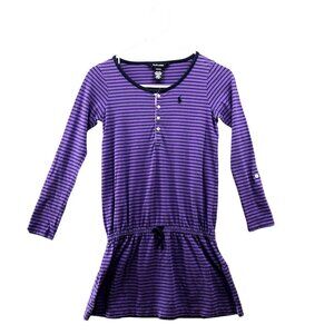 Ralph Lauren Girls 8/10 M Long Sleeve T Shirt Dress Purple‎ Striped Henley Pony